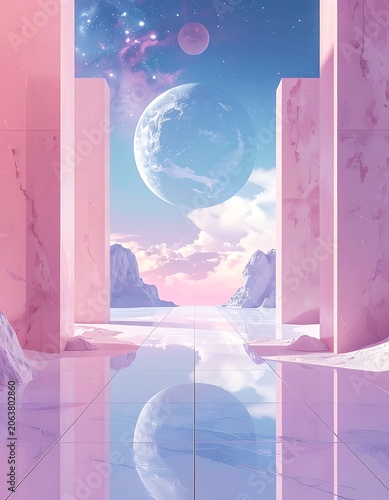 Surreal landscape with moon and clouds.
