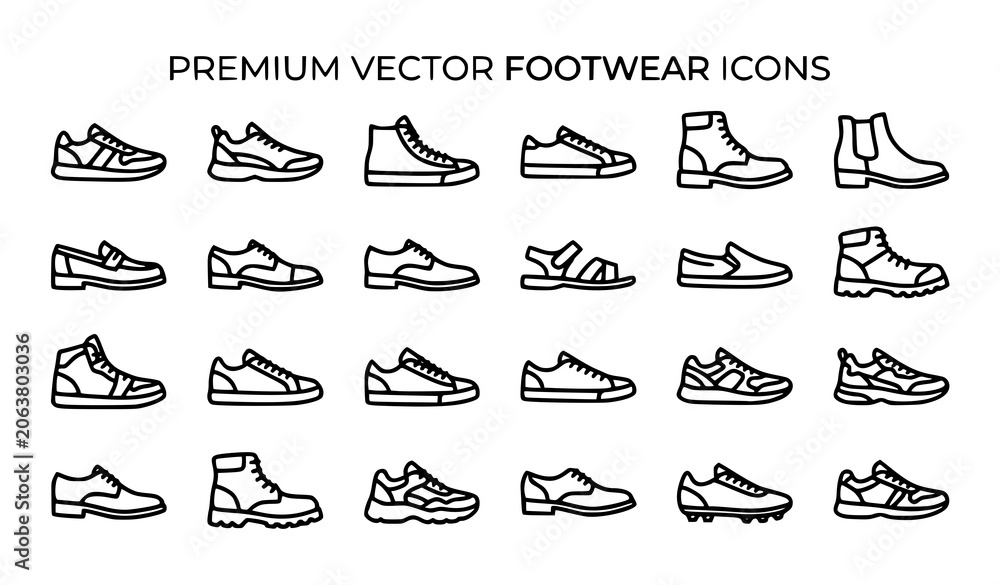 Obraz premium Shoes Icon Set with Sneakers Boots Casual Footwear and Sports Shoe Outline Symbols Vector Collection