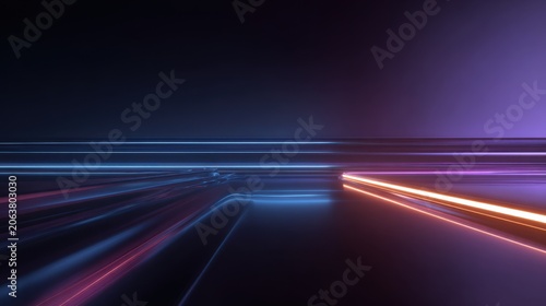 Futuristic neon light trails in motion, abstract high speed data transfer background, glowing blue and purple laser lines on dark surface