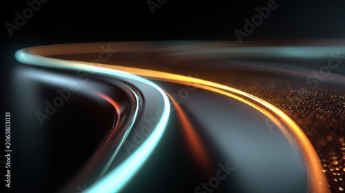 Futuristic glowing light trails on dark metallic surface, abstract high speed motion background, sleek neon curves for technology and automotive design
