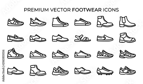 Fotografija Shoes Icon Set with Sneakers Boots Casual Footwear and Sports Shoe Outline Symbo
