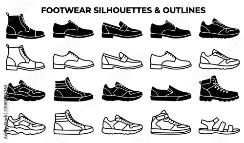 Fotografija Footwear Silhouette Vector Set with Trendy Sneakers Elegant Leather Boots and Sh