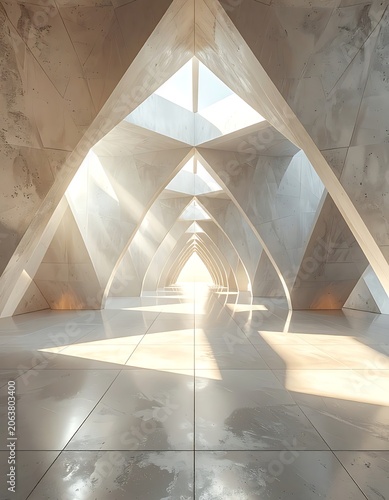 Triangular architectural interior with sunlight.