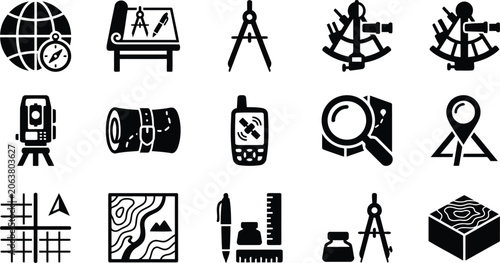 A comprehensive collection of black silhouette icons representing surveying, mapping, navigation, and cartography tools, isolated on a white background for professional engineering and design projects