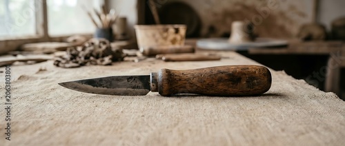 Pottery Fettling Knife on Burlap Workbench in Artist Studio