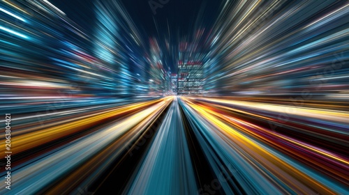 motion blur of city lights at night, high speed light trails on urban highway, abstract long exposure of metropolitan traffic and skyscrapers