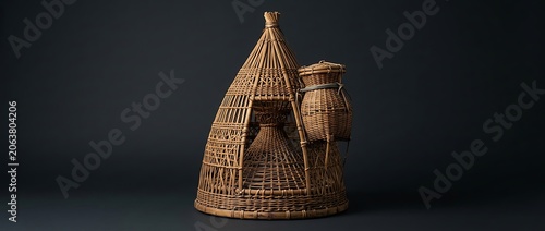 Traditional Handmade Bamboo Woven Fish Trap on Dark Background