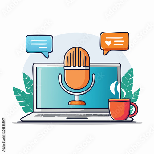 Podcast recording setup with laptop, microphone, and chat bubbles