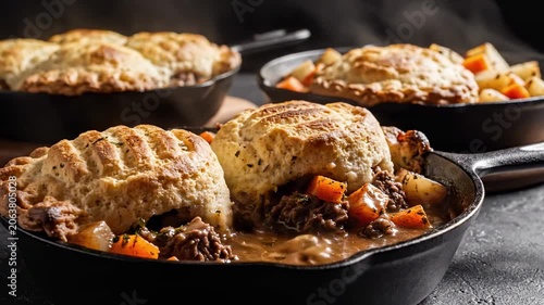 Rustic cast iron skillets hold hearty beef, carrots and potatoes under craggy biscuit crusts, capturing a dramatic firelit comfort food spread prepared for an indulgent pot pie day gathering