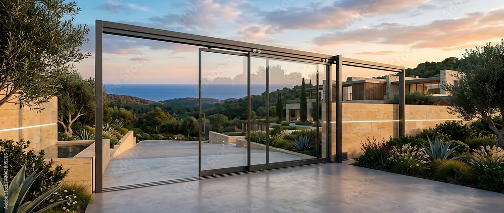 Fototapeta premium Modern automatic glass sliding gate system for luxury villa entrance at sunset