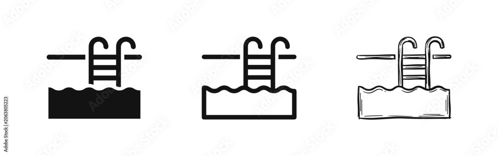 Obraz premium Swimming Pool Ladder Icons Set. Summer Recreation and Water Sport Symbols in Solid, Outline, and Hand-Drawn Styles.