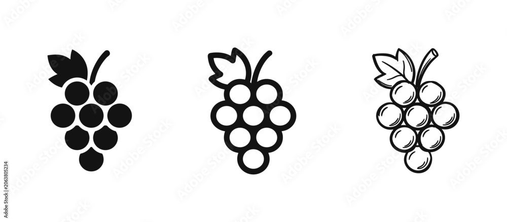 Fototapeta premium Grapes Icon Set - Three Different Styles of Grape Bunches for Food and Wine Branding
