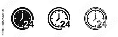 Foto 24 hours service clock icons set in solid, outline and hand-drawn sketch styles