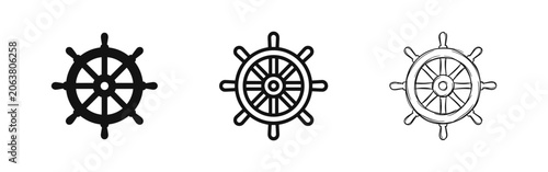 Billede på lærred Ship Wheel Helm Icon Set in Solid, Outline, and Sketch Hand-Drawn Styles