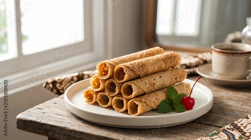 Delicious wafer rolls on a plate with cherry and cup of coffee on a wooden table by the window