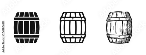 Konstfotografi Wooden Barrel Icon Set for Wine or Beer in Solid, Outline, and Hand-Drawn Sketch