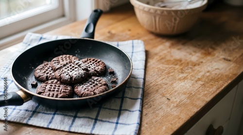 Deliciously Prepared Chocolate Chip Cookies Freshly Cooked in a Frying Pan Sitting on a Kitchen Countertop Next to a Bowl Ready for Baking Fun and Sweet Treats Homemade Goodness