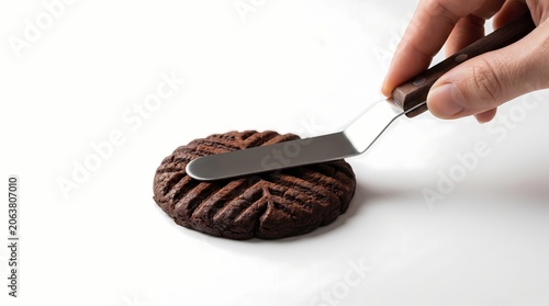 Hand cuts chocolate cookie with knife on white surface indoors