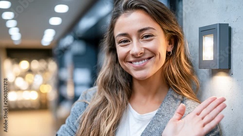 Friendly Greeting: A smiling woman with wavy hair and a welcoming gesture offers a warm greeting, conveying approachability and positivity in an indoor setting.