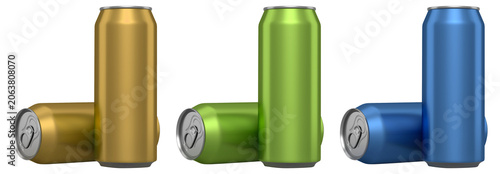 Set of shiny colorful aluminum beverage cans isolated on white background, concept of packaging