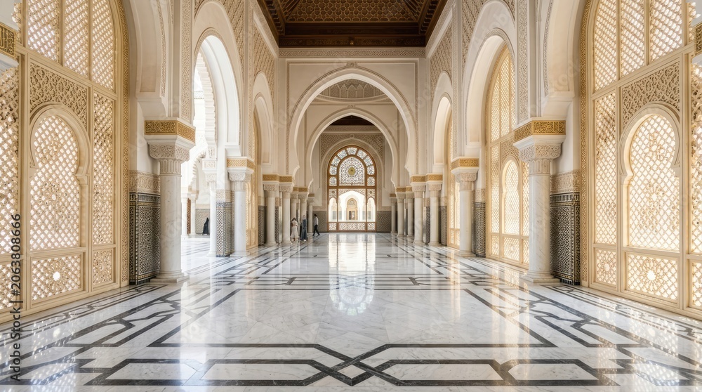 Fototapeta premium Ornate Islamic architecture interior with marble floors.