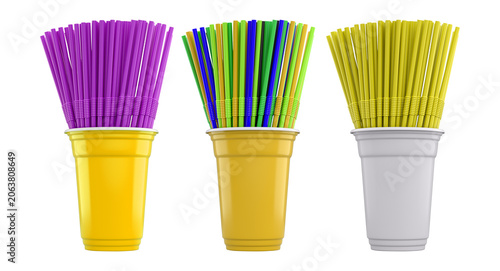 Multiple colorful plastic straws arranged in plastic cups isolated on white background, symbolizing party beverages