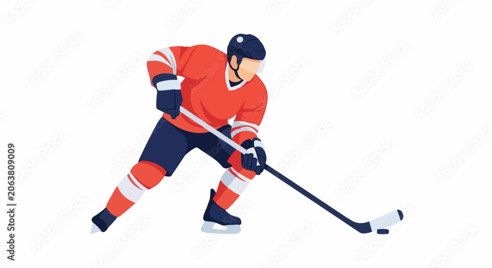 Obraz premium A hockey player in an orange jersey and blue shorts prepares to hit a puck