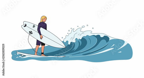 Bilde på lerret A surfer in a wetsuit carries a board on a wave
