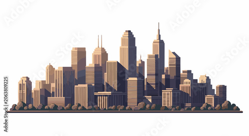 A stylized illustration of a city skyline with various skyscrapers and trees