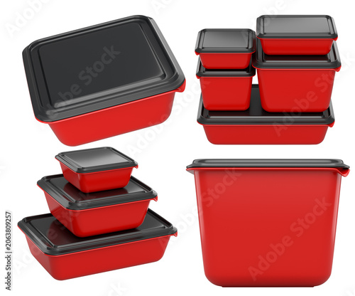Stacked plastic food storage containers with black lids, isolated on white background, concept of organized storage