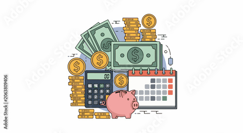 Cartoon illustration of piggy bank, money, calculator, and calendar