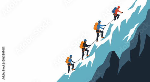 Climbers ascending a steep snowy mountain with ropes