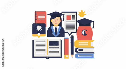 Colorful illustration of a graduate surrounded by books, documents, and a virus symbol