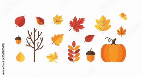 Colorful autumn icons including leaves and pumpkins