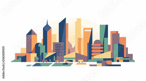 Colorful cityscape with diverse buildings and vehicles