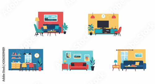 Colorful illustration of five cozy living rooms with various furniture