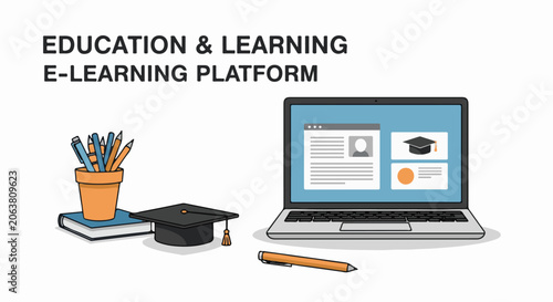 Educational illustration of a laptop with e-learning platform on screen, graduation cap, books, and stationery