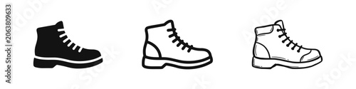 Canvastavla Work boot or hiking shoe icon set in solid, outline, and hand-drawn sketch style
