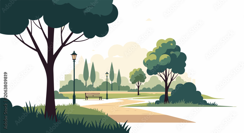 Fototapeta premium A serene park scene with trees, a path, and benches