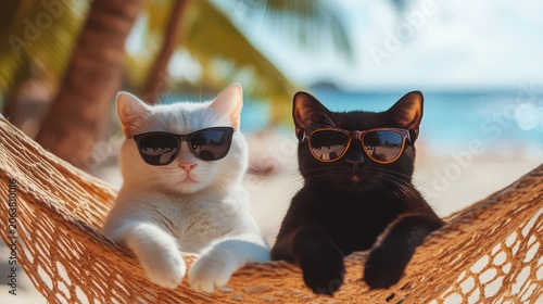 Two Cats Wearing Sunglasses Relaxing in a Hammock on a Tropical Beach