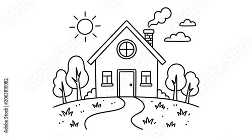 A simple black and white line art illustration of a cozy country house surrounded by trees, grass, and a sunny sky, perfect for coloring pages.