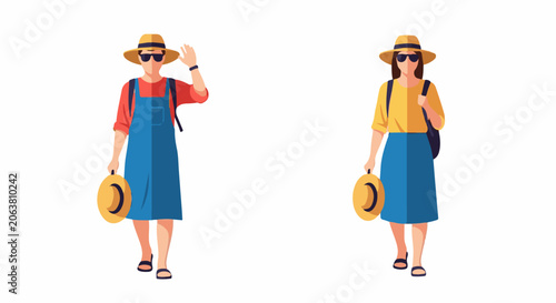 Two travelers wearing sunhats and sunglasses on vacation