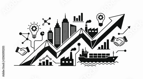 A black and white graphic depicting a cityscape with skyscrapers, a cargo ship, and various business-related icons