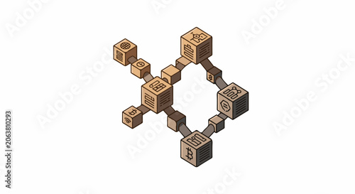 A 3D isometric illustration of connected cubes with various symbols