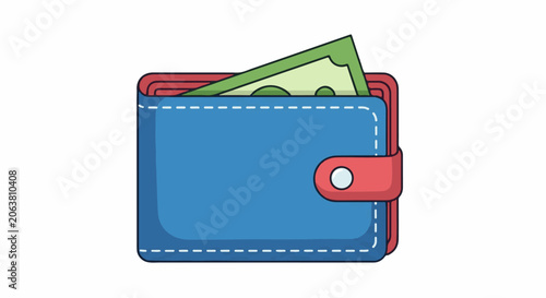 A blue wallet with a red interior and strap holding green bills