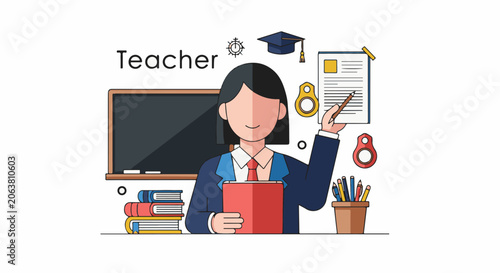 A cartoon teacher holding a red book and pencil