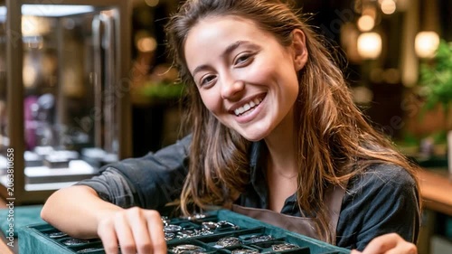 Jewelry Business Owner Smiles: A cheerful young woman, who owns a jewelry business, smiles brightly while examining her collection of rings displayed in a tray, ready for her customers