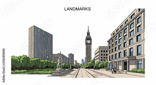 A city street with buildings, clock tower, and statue