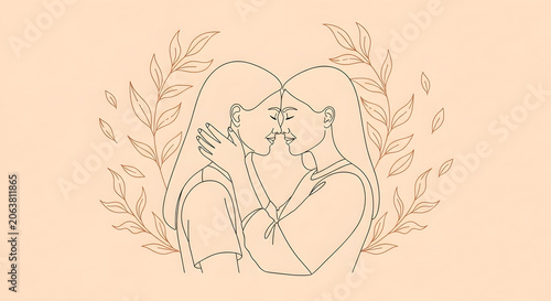Romantic linear drawing of a couple kissing surrounded by a botanical laurel