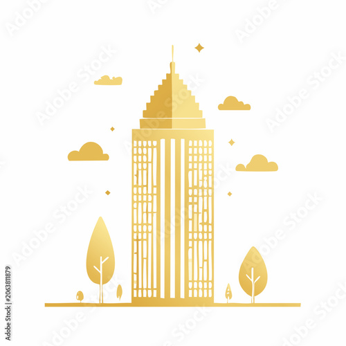 Golden Skyscraper with Trees and Clouds